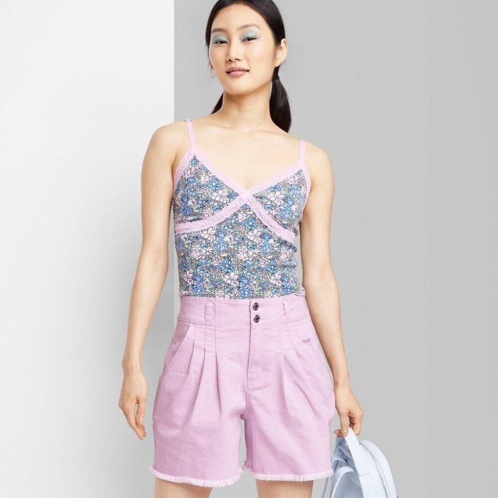 Wild Fable Shorts Purple Highest Rise A Line Pleated Bermuda Fray NWT